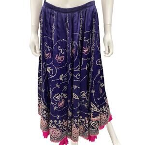 Skirt Women’s SZ6 Long Embroidered Under Layer Of Pink Ruffled Fabric Deep Blue